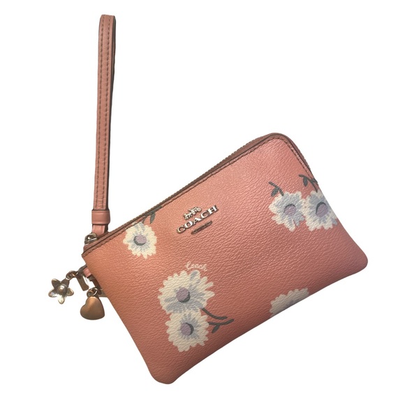 Coach Floral Print Leather Wristlet - Pink with Daisy Flowers with Charms - Picture 1 of 12